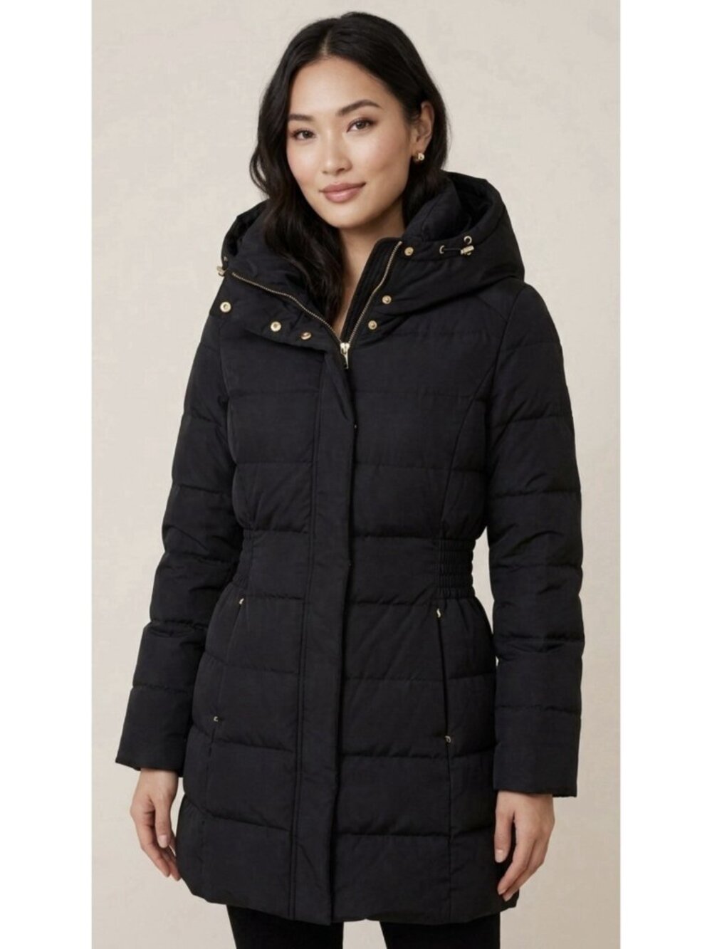 New Cole Haan Signature Black Down Hooded Quilted Puffer Coat Jacket